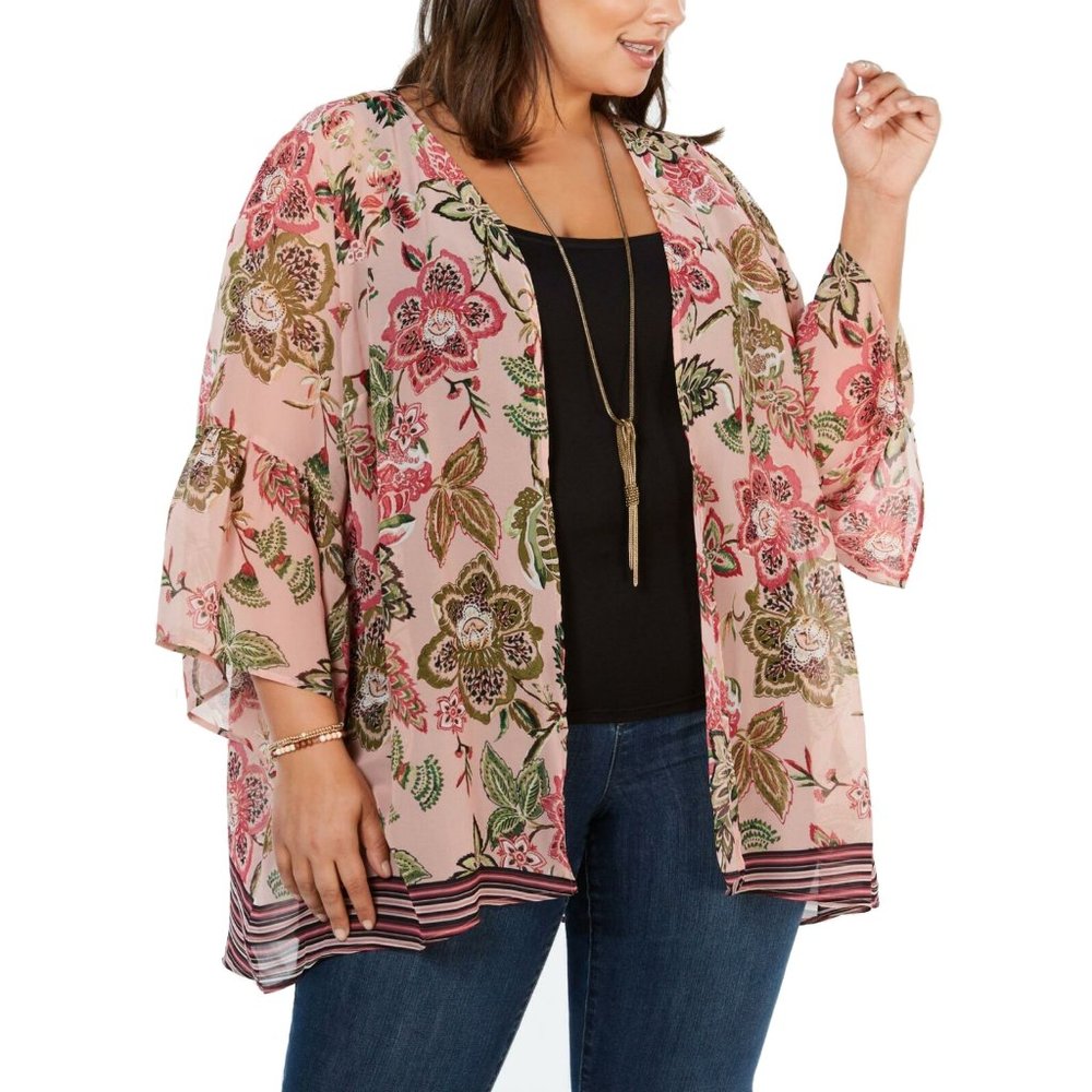 Style & Co Womens Kimono Top Pink Chiffon Floral Printed 3/4 Sleeve Open Front